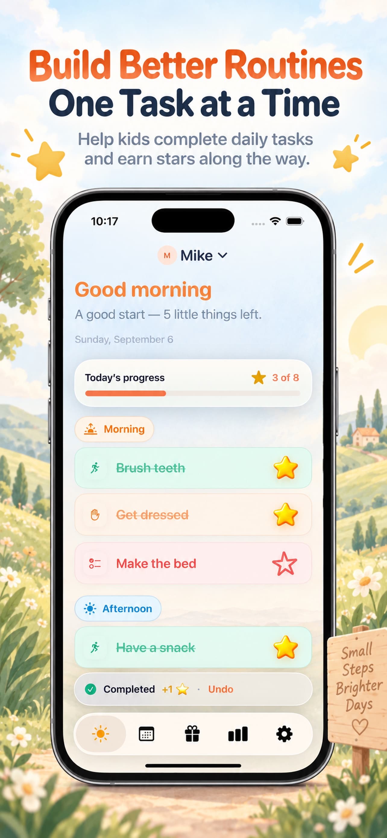 GrowGrow daily task list showing a child's morning and afternoon routines and earned stars