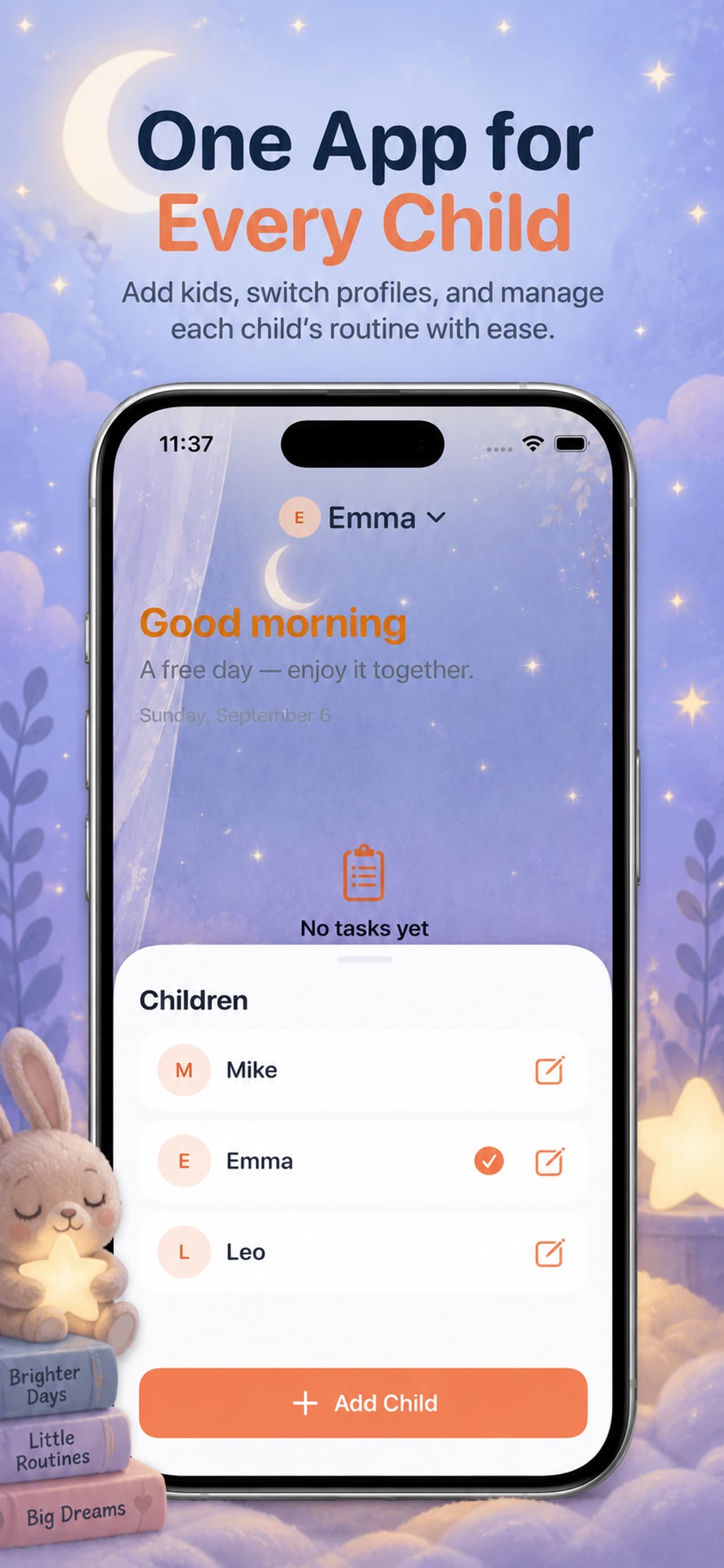 GrowGrow child switcher for managing separate routines for multiple children