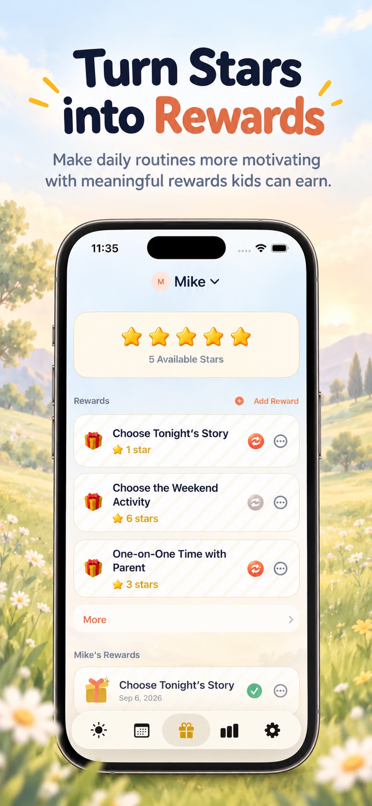 GrowGrow rewards screen where children turn earned stars into meaningful family rewards